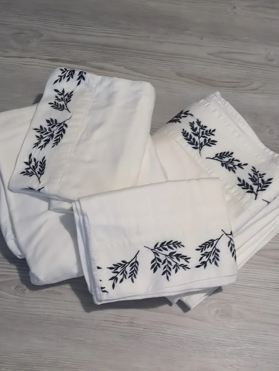 Royal Heritage Home 100% Cotton Full Sheet Set White Black Embroidered 4 Pc