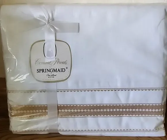 Vintage Springmaid Combed Percale Flat Sheet White Gold Trim 81x108 Made in USA