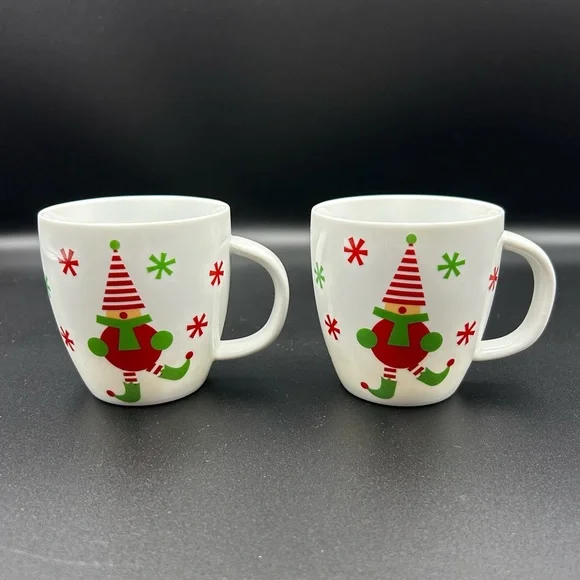 Crate and Barrel JINGLE ELF 7 oz Retired Small Coffee Mugs Holiday Set of 2