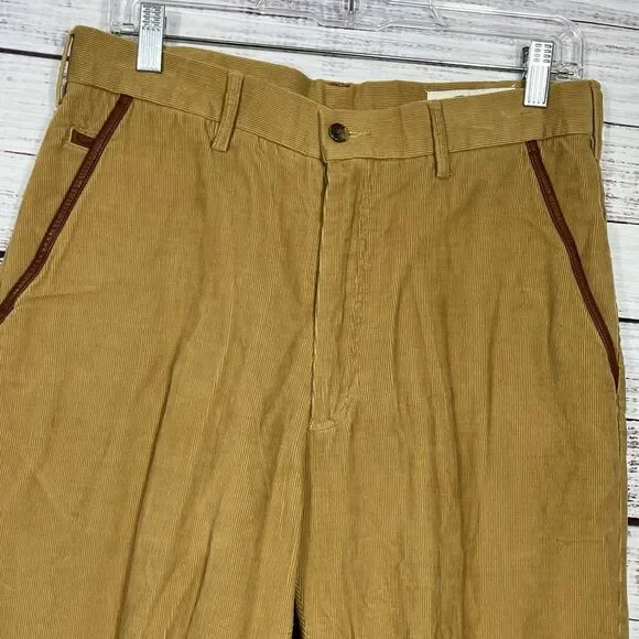 Orvis Corduroy Pants Men's 32 Flat Front Tan Khaki Leather Trim Pockets Field