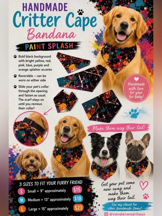Handmade Critter Cape Bandana Paint Splash - Black Multi