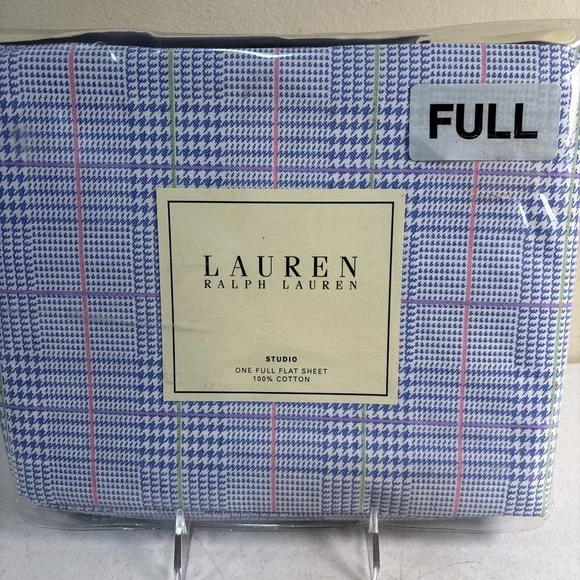 LAUREN RALPH LAUREN‎ Studio Glen Plaid Seaview Full Flat Sheet 100% Cotton Blue