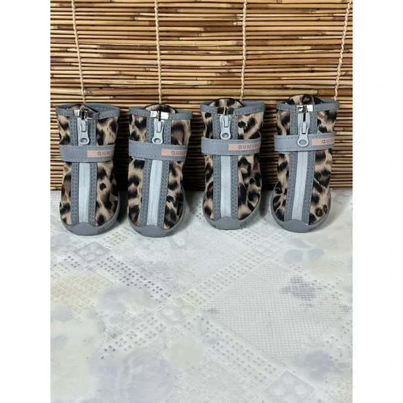 Dog Boots Shoes Size 5 Non-slip Rubber Brown Gray Leopard Print Set‎ of 4