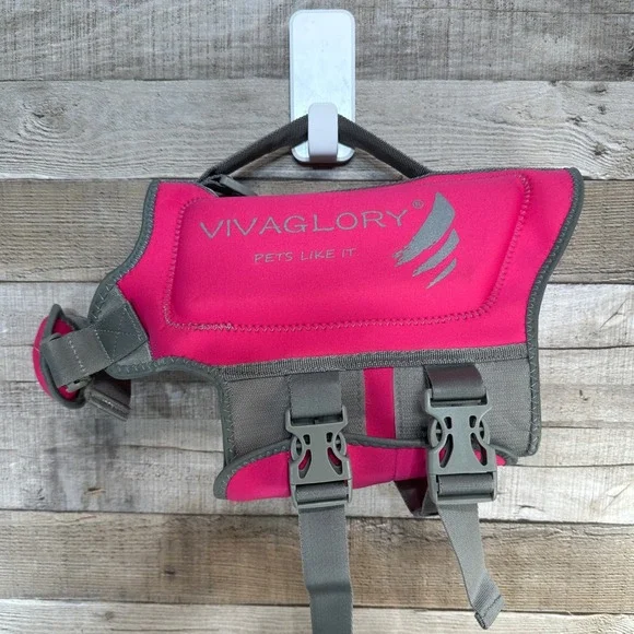 Vivaglory Dog Life Jacket sz M Pink Grey Adjustable Safety Vest with Handle 12in