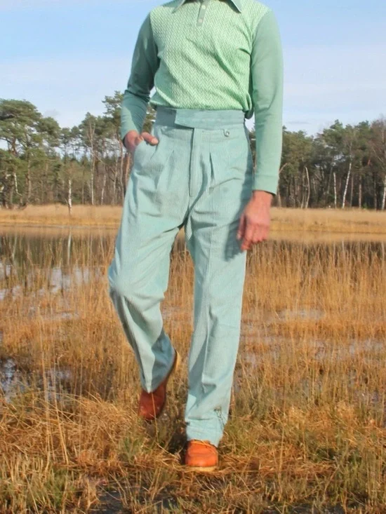 On The Sunny Side Eco Cotton Blue High Waisted Pleated Trouser Pants 38 Waist