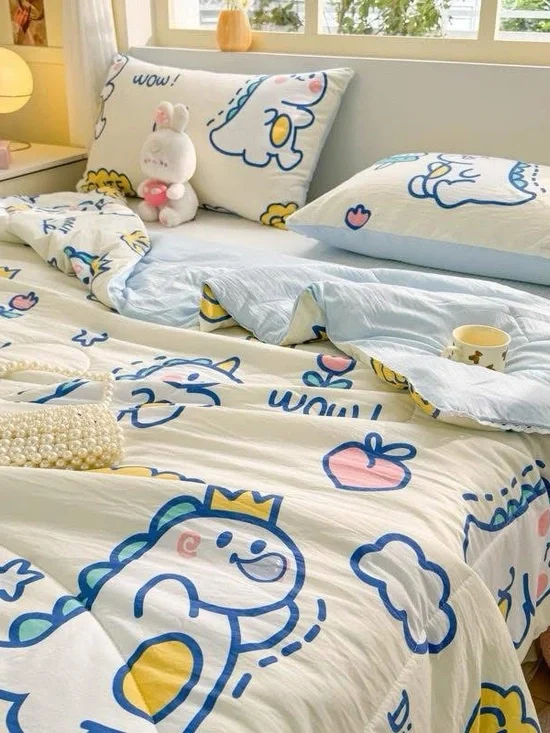 Cute Cartoon Dinosaur Blue & White Kids Bedding Set