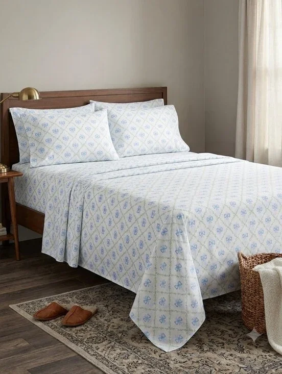 NWT! Laura Ashley Kate Bow Blue Floral Full Size Sheet Set 100% Cotton