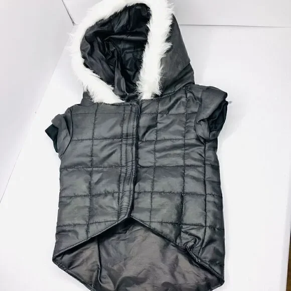 Small Dog Puffer Sleeveless Vel cro Fastened Fur Hoodie In Black