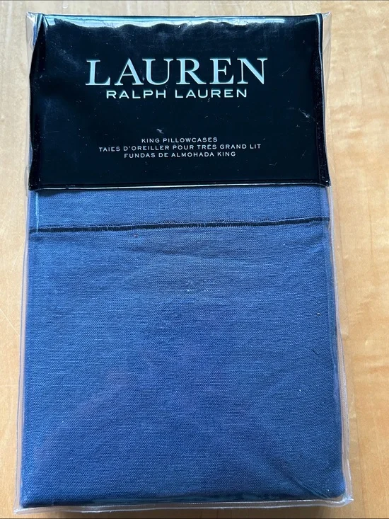 Ralph Lauren Navy Kent King Pair Pillowcases Cotton Linen Blend NWT $130