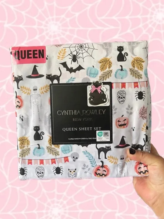Cynthia Rowley Queen Sheet Set - Halloween Cats & Pumpkins - White