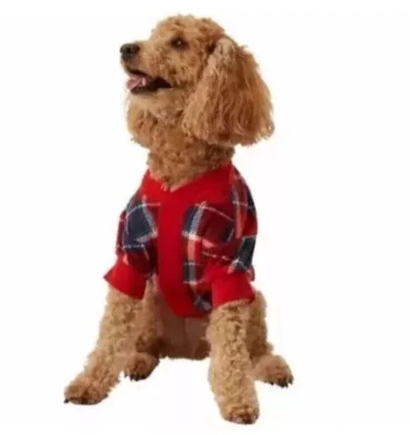 Eddie Bauer Dog Holiday Red Plaid Flannel Sweater LARGE Christmas Winter Picture