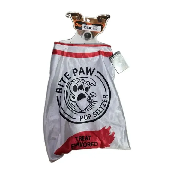 Party Dog Bite Paw Pup Seltzer Pet Costume White Red Dog Shirt L/XL Halloween