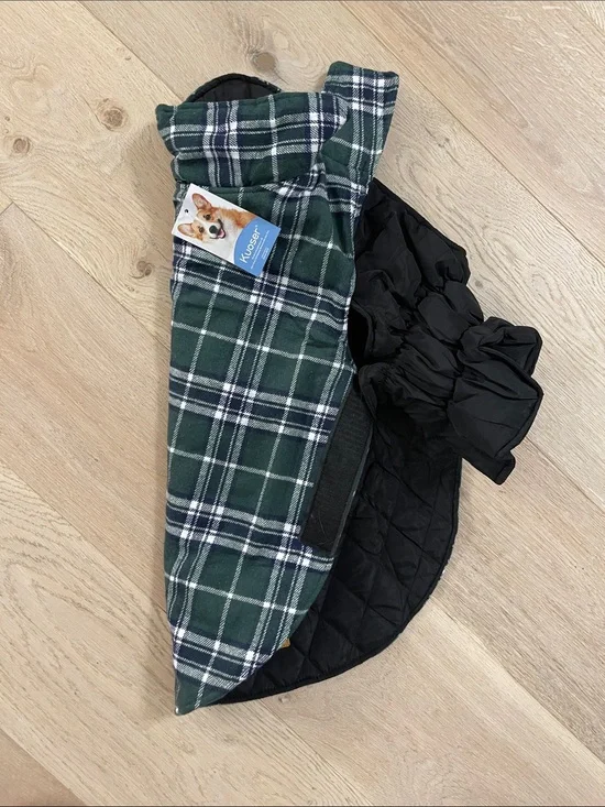 Kuoser Green Plaid  Dog Coat with Black Quilted Lining - Reversible NWT