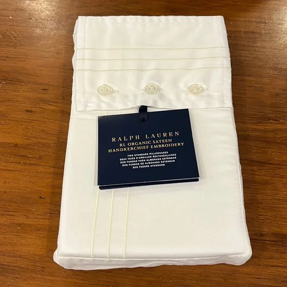 Ralph Lauren RL Organic Sateen Handkerchief Embroidery Standard Pillowcase x 2