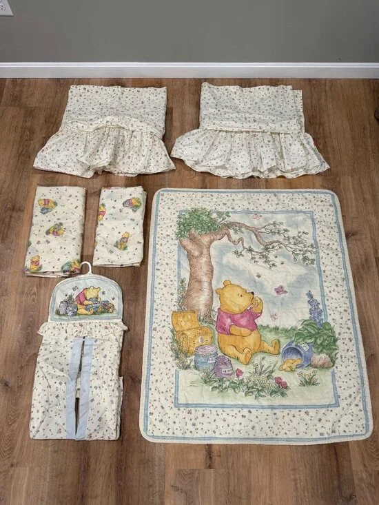 Vintage 90s Classic Pooh Disney Baby Crib Bedding Set USA Quilt Sheets Valances
