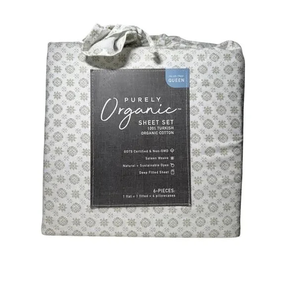 Purely Organic 300 TC 6 Pc 100% Turkish Organic Cotton Sierra Foulard Sage Queen