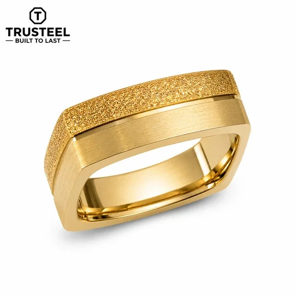 Gold Square Signet Ring 316L Stainless Steel Textured Finish Men’s size 8