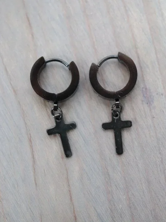 10mm Cross Charm Huggie Dangling Earrings Black Stainless Steel