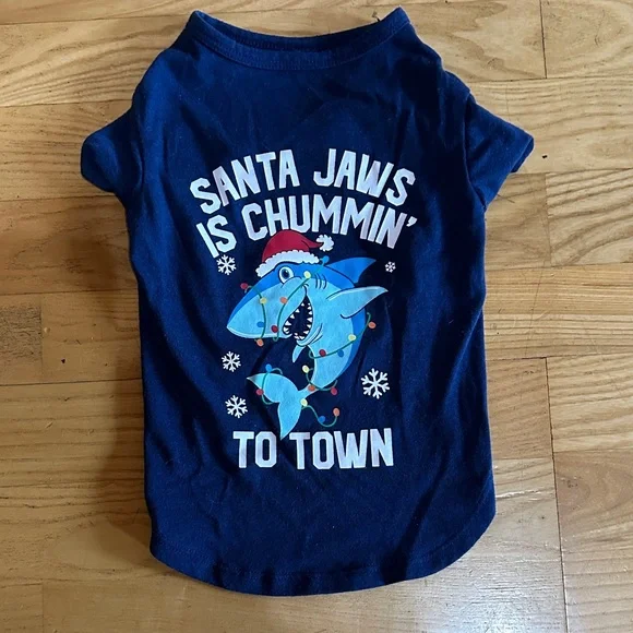 Navy Blue Dog Christmas T- Shirt with Shark Print