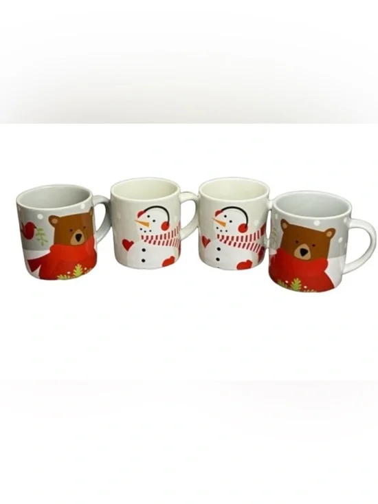 Crate & Barrell Festive Bear and Snowman Mug Set. Set of 4. Small. 8 ounce.