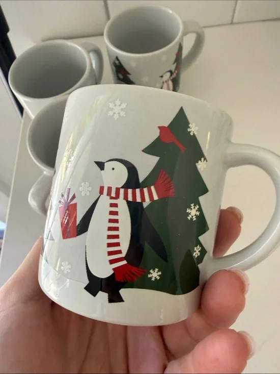 Crate&Barrel White Ceramic Winter Scene Children’s Mugs (Set of 4)
