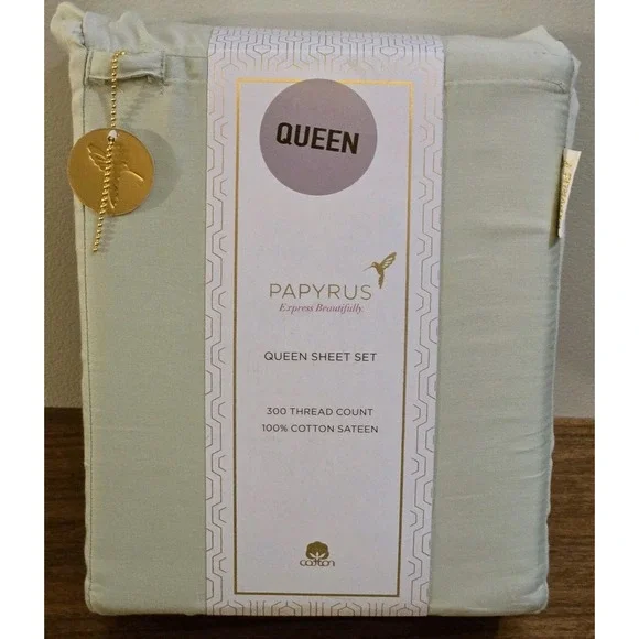 Papyrus Queen Sheet Set Solid Sage Green 100% Cotton Sateen 300 Thread Count