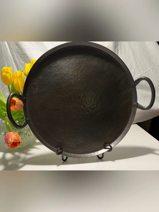 Crate and Barrel Hammered Iron Serving Platter with Handles - 14 in