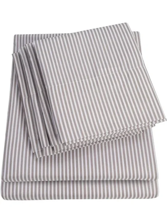 Queen Size Grey Stripe 6-Piece Microfiber Sheet Set with Deep Pockets & Extra