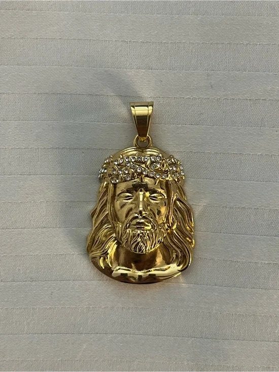 14K Gold Mens Jesus Head Pendant Stainless Steel Iced Out Simulated Diamonds Lux