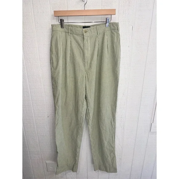 J.Crew Pleated Trousers Mens Green White Seersucker Striped Cotton Pants 33
