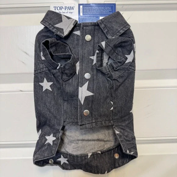Top Paw Dog Denim Jacket Small Black Star Print Western Pet Apparel Rocker