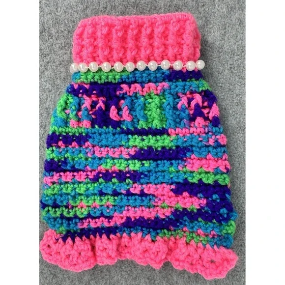 Extra Small Dog‎ Sweater Crochet Variegated Pink Blue Green Handmade
