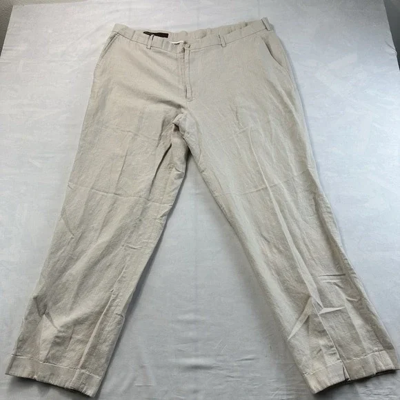 Perry Ellis Linen Blend Classic Fit Pants Men's 40x32 Beige Flat Front Casual
