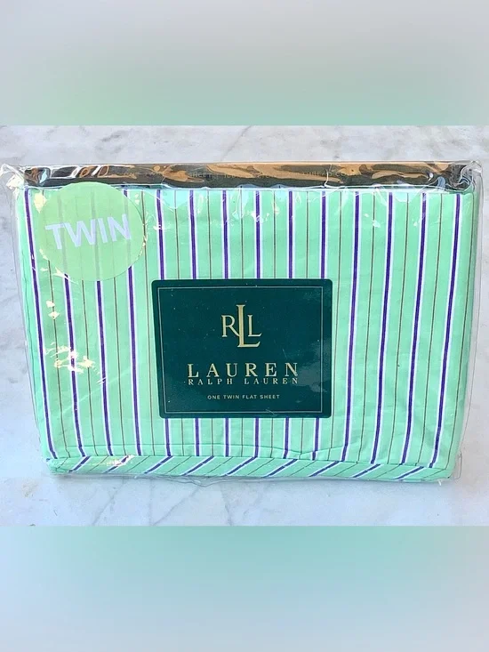 RALPH LAUREN HAMPTON BEACH CLUB TWIN FLAT SHEET NWT VINTAGE JITNEY GREEN STRIPE