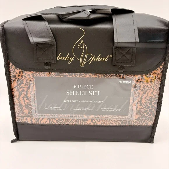 Baby Phat Queen 6 Piece Sheet Set Leopard Animal Print Brown Black Gold New