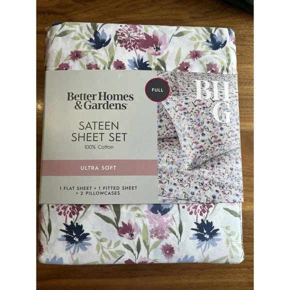 Better Homes & Gardens 4pc Sateen Cotton Sheet Set‎ Full Size Bashful Blooms NEW