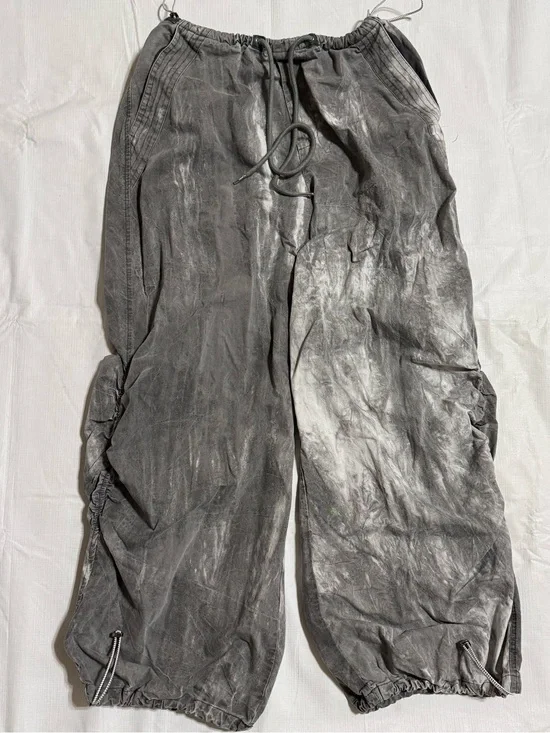 Gray tie-dye drawstring waist&ankle trousers unique uneven wash pattern size M