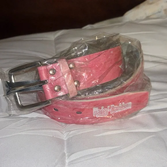 Harley-Davidson Coral Pink Leather Belt with White Logo appr. 36” long NWT