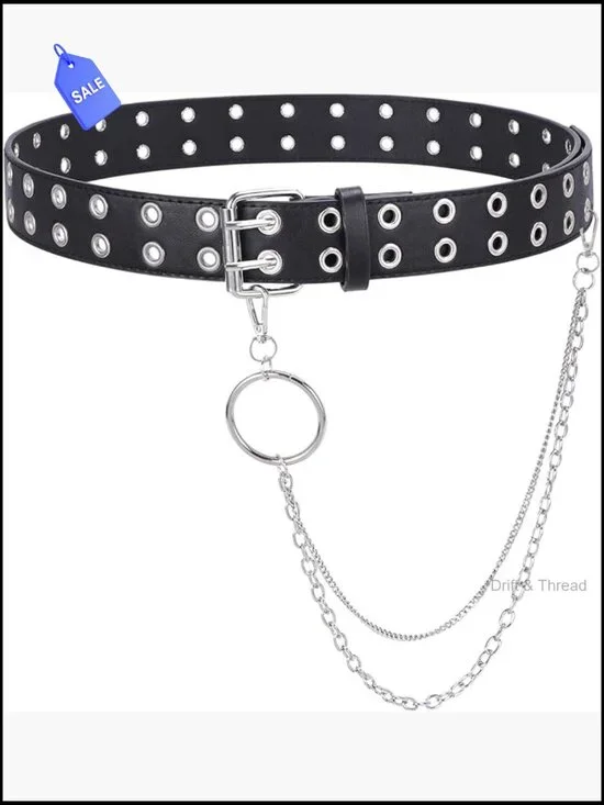 Double Prong Buckle Grommet Belt with Chain Punk Studded PU Leather 1.5