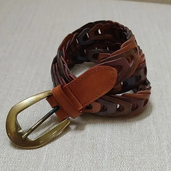 Genuine Leather Multi Color Woven Link Belt Brass Buckle