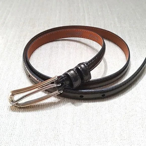 Brighton Thin Patent Leather Belt in Gunmetal Gray Silver Etched Buckle