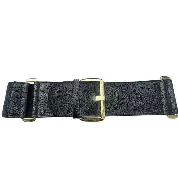 A|Wear Y2K Black Tooled Leather Stretch Waist Belt M/L Gold Buckle Western Boho