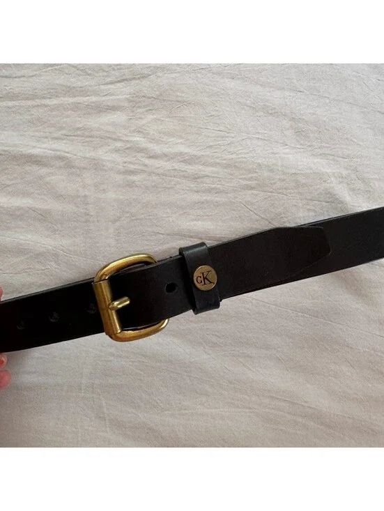 Vintage Calvin Klein Black Leather Belt Brass Buckle cK Logo Medallion Small