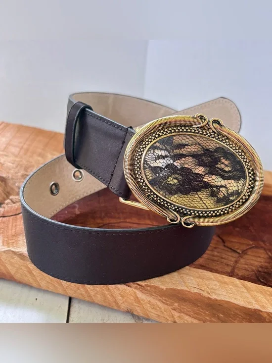 Chico’s vintage Y2K satin leather belt with oval gold gem buckle lace sz S/M EUC