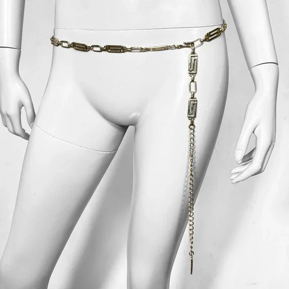 Vintage Gold Tone Greek Key Meander Chain Belt Adjustable Waist Hip Link O/S