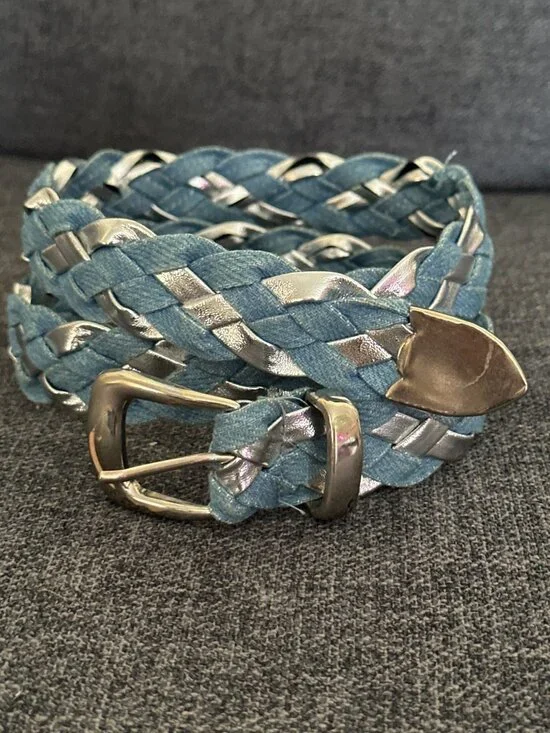 Braided Denim & Silver Metallic Belt With Metal Buckle - 36