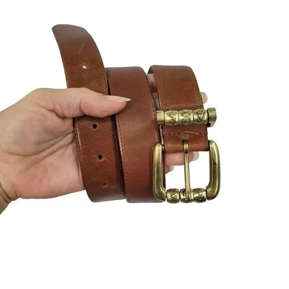 Vintage 80's Ritz Leather Belt‎ S Brown Hieroglyphic Symbol Beads Brass Buckle