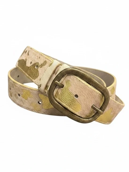 Neutral Gold Accent Cowhide Leather Fur Belt with Antiqued Brass Buckle