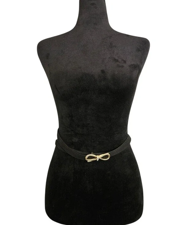 Talbots Women'  Black Suede Leather Skinny Belt with Gold Bow Buckle Size 1X