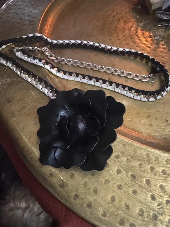 Black Floral Pendant Braided Belt Necklace - Women Accessories